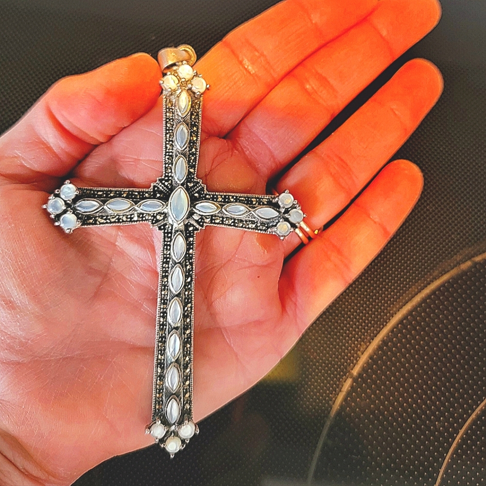 Stunning - Sterling Silver, Real Pearl, Marcasite Cross Pendant